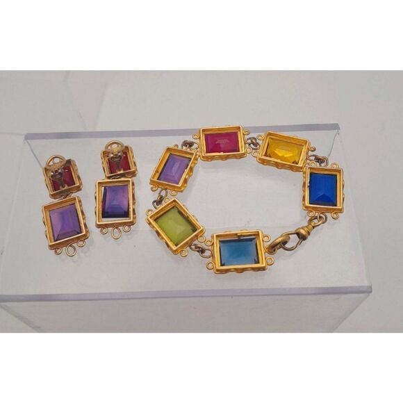 Early Mish Tworkowski Bracelet Clip Earrings Set Colorful Faux Stones Gold Tone - Picture 6 of 10